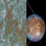Jupiter's moon Europa has a surface made up of blocks, which are thought to have broken apart into new positions, as shown in the image on the left.  