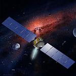 An artist's picture of the Dawn spacecraft in space. The craft wtih two wide solar panels orbits near space rocks called asteroids. In the distance is the center of the Milky Way.